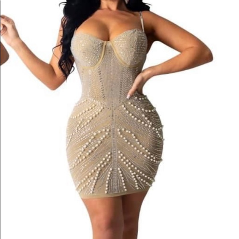 Nude beautiful dress pearls and rhinestones
